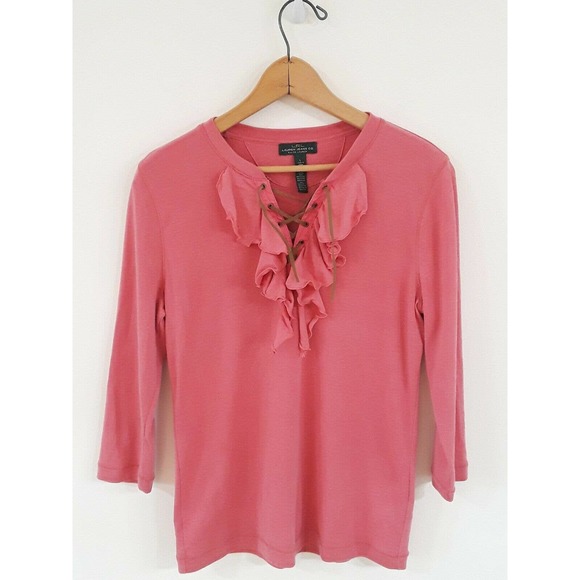 Womens LRL Ralph Lauren Coral Lace Up Bohemian Spring Top with Leather Details - Picture 2 of 5